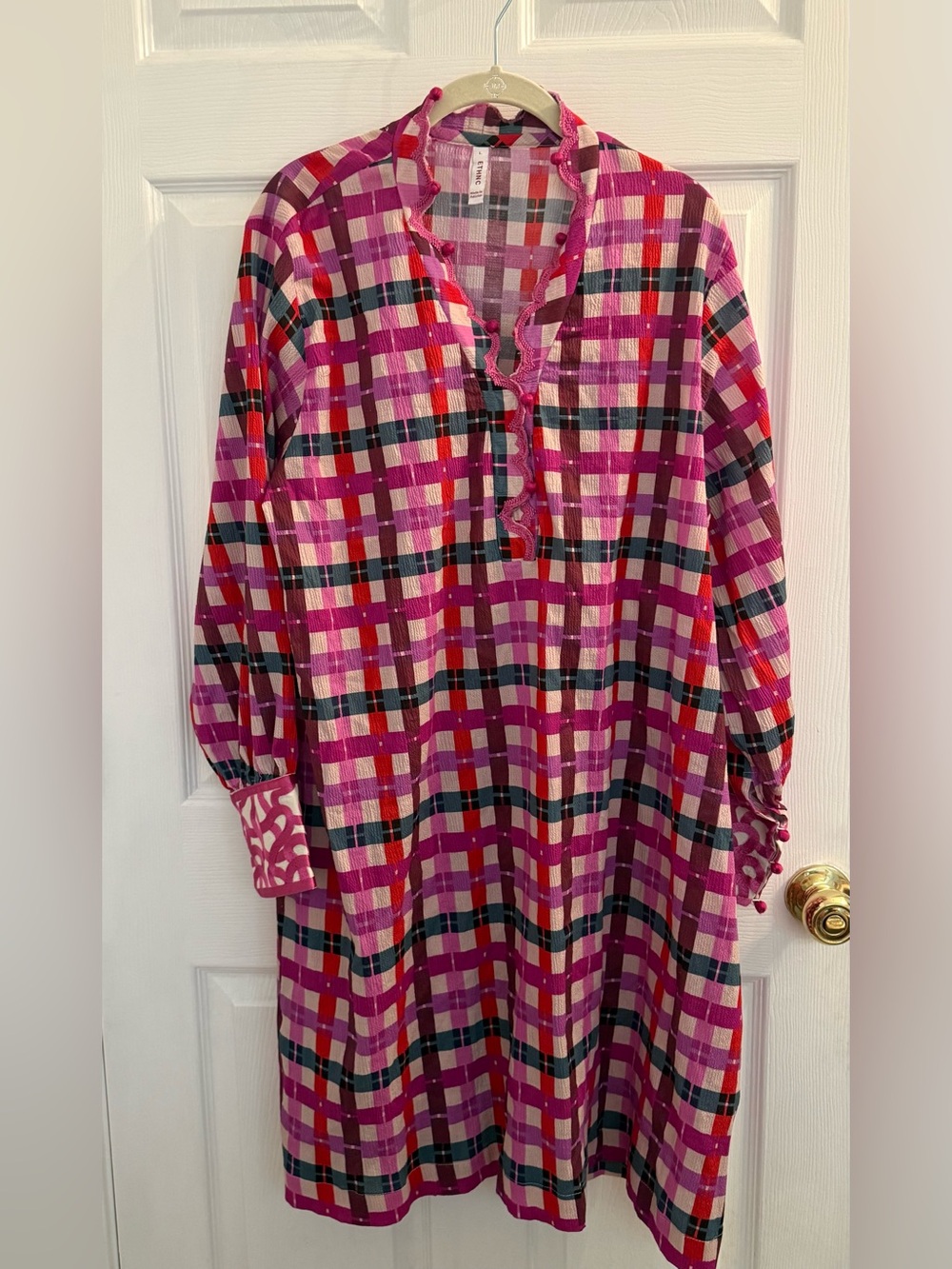 Pink Plaid Women's Tunic Dress - Relaxed V-Neck